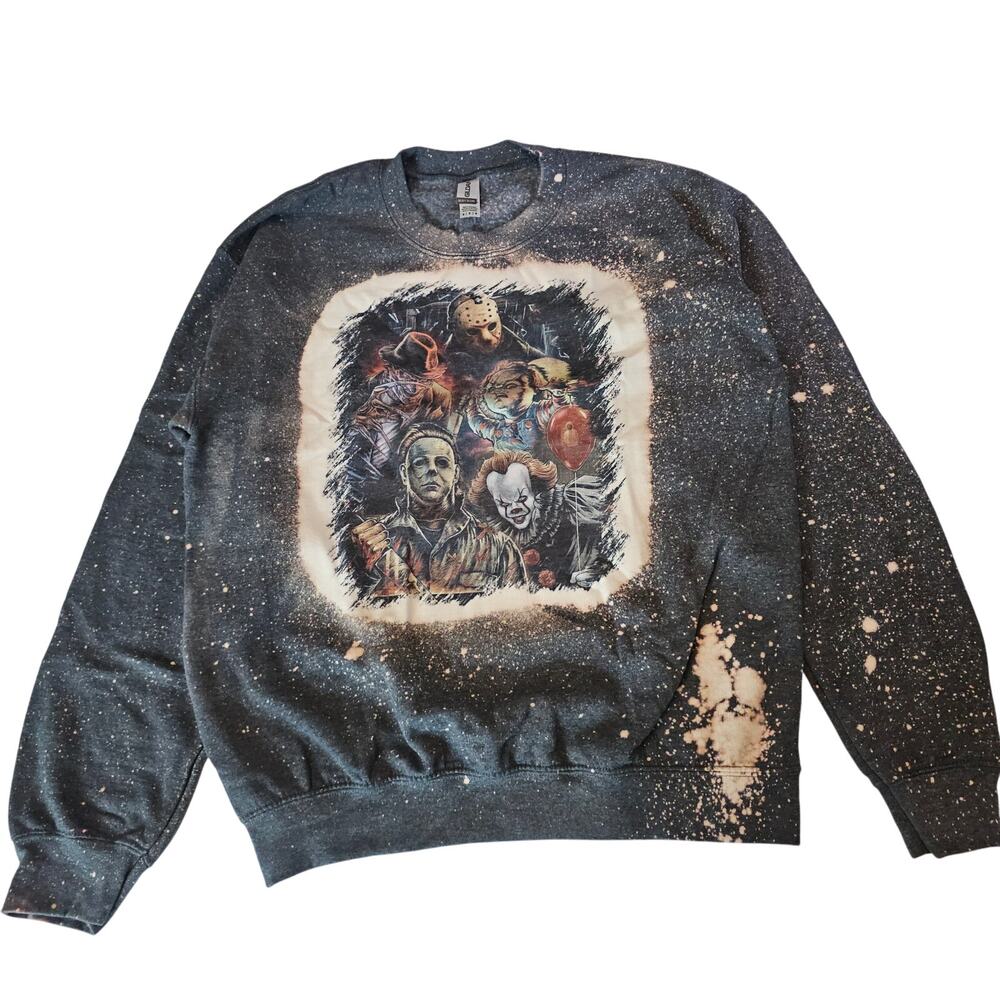 Custom Bleached Horror Scary Halloween Sweatshirt Freddy Pennywise Jason M 22947